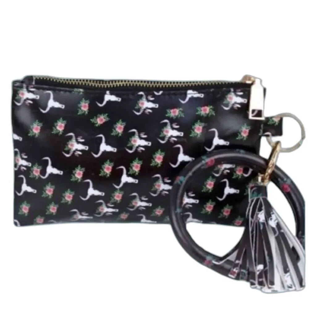 Western Skull Floral Print Wristlet Clutch